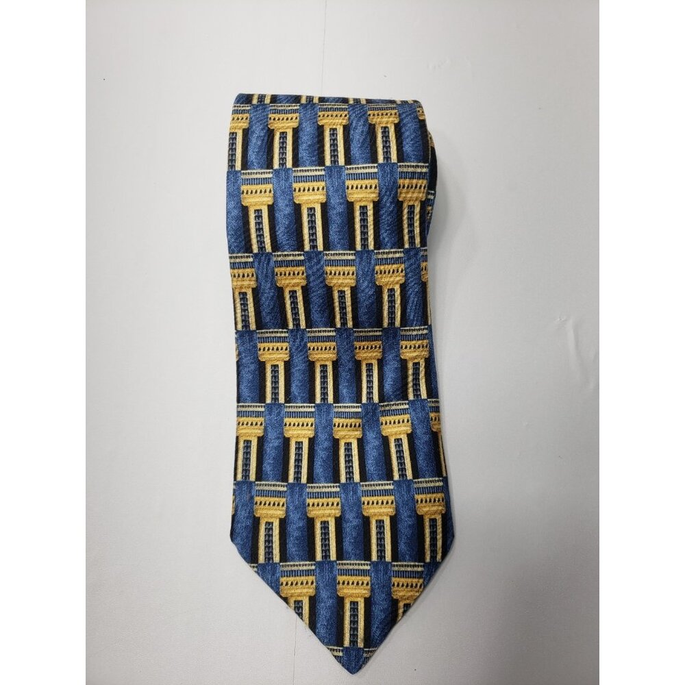 Ermenegildo Zegna Mens Blue/Gold/Black Ancient Ziggurats Pattern Silk Neck tie